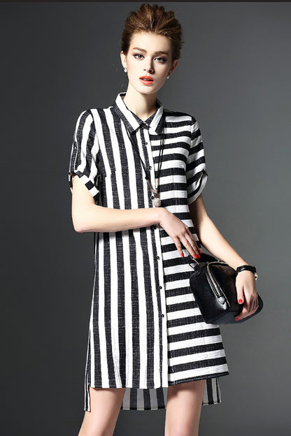 WOMEN'S SHORT SLEEVE STRIPE CASUAL SHORT DRESS