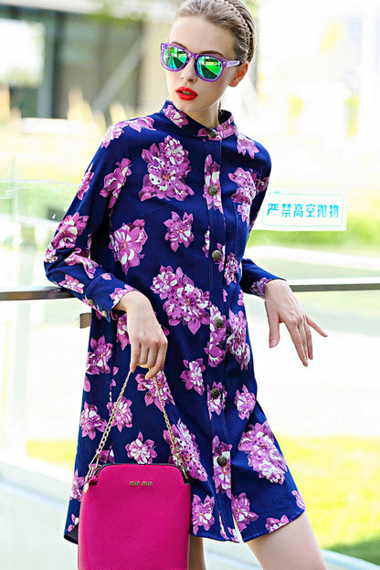 women's casual flower printing stand collar long sleeve loose dress
