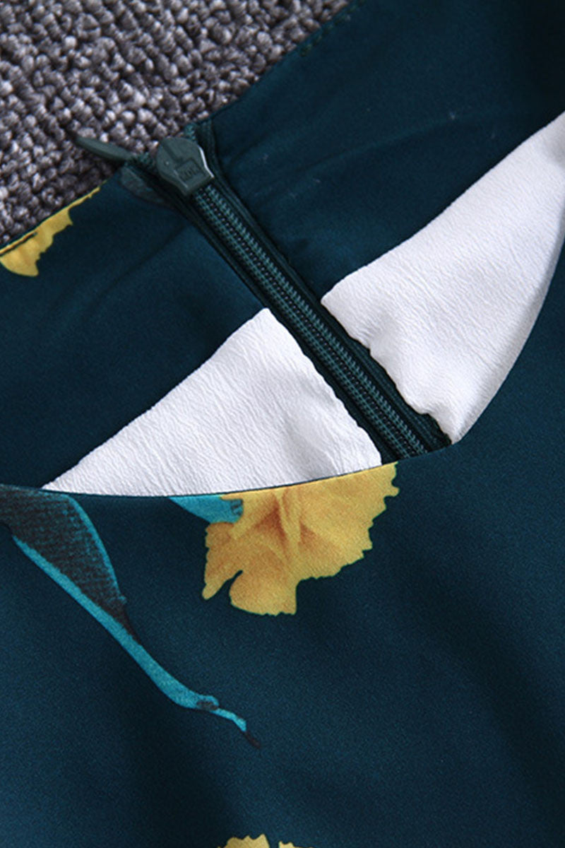 Round Collar Floral Pattern 3/4 Sleeve Pocket Patch Dress