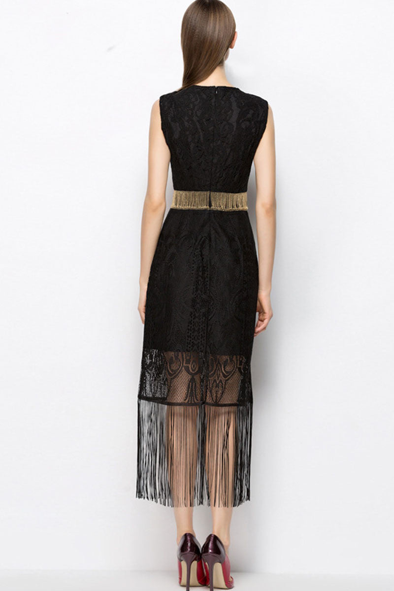 Round Collar Embroidery Beaded Waist Tassel Flapper Dress