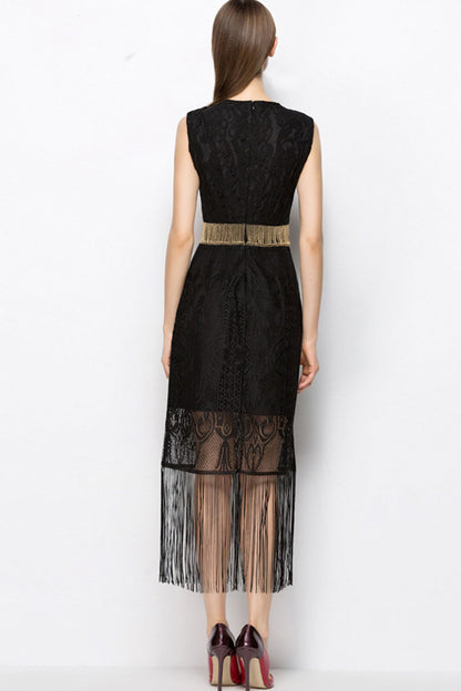 Round Collar Embroidery Beaded Waist Tassel Flapper Dress