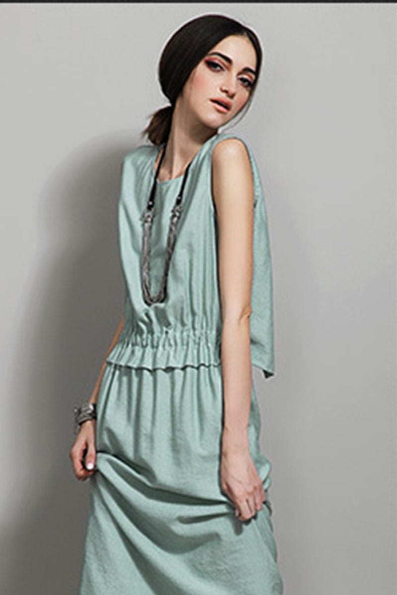 Layered Back Scoop Back Waist Linen Casual Midi Dress