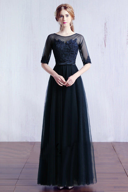 Sheer Mesh Lace Applique Tulle Overlay Bowknot Attached Runched Gown Dress