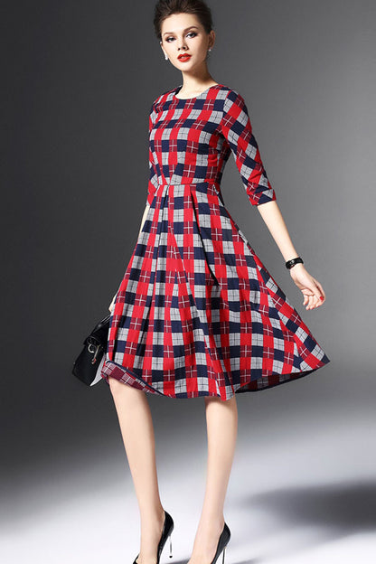 Round Collar Multi Color Plaid  Print Tunic Slim Fitte Flare Dress