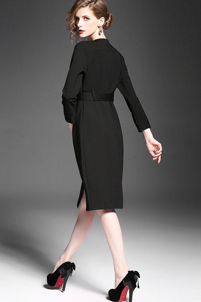FORMAL ROUND NECK 9 SLEEVE WEAR TO WORK COCKTAIL MIDI DRESS WITH BELT