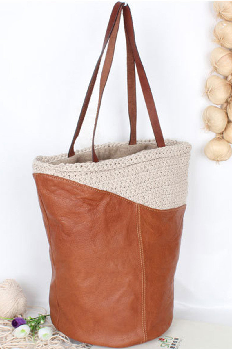 Natural Linen Braided Mixed Leather Bucket Bag