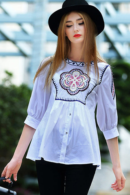 Rural Embroidery Linen A-line Tops