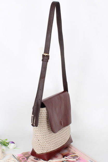 Natural Linen Braided Mixed Leather Satchel Bag