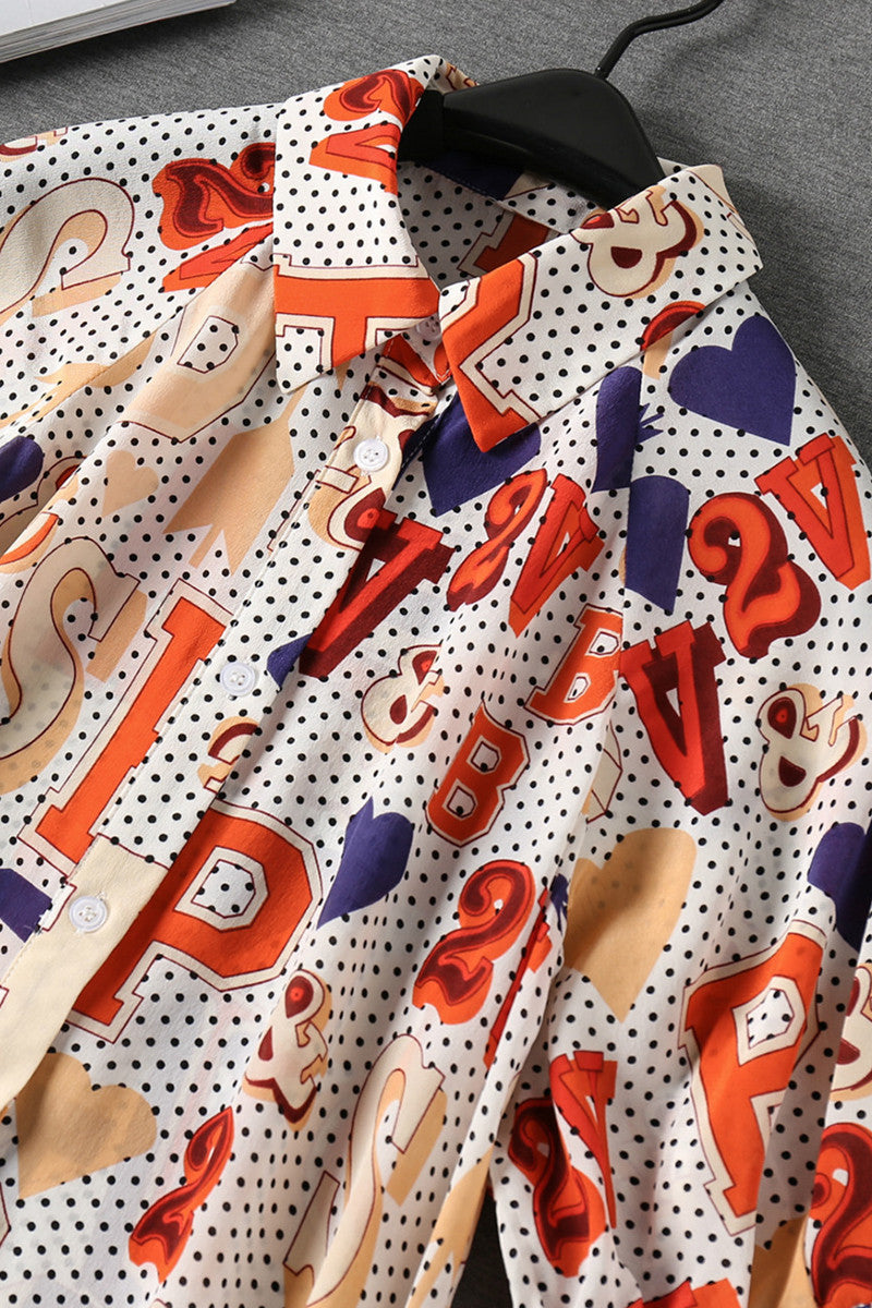 Lapel Neck Letter Print Side Slit Irregular Shirt Dress