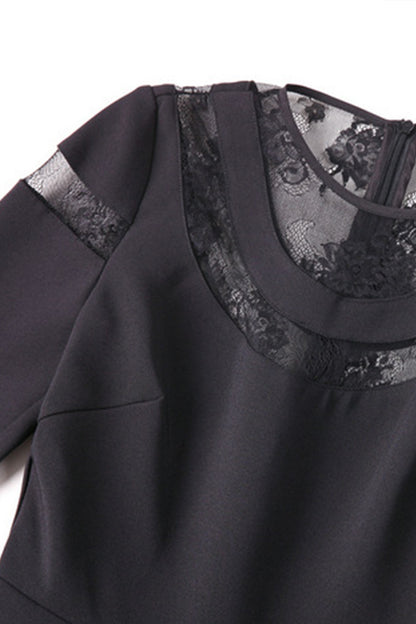 Flared Solid Dress With Lace Neck Round