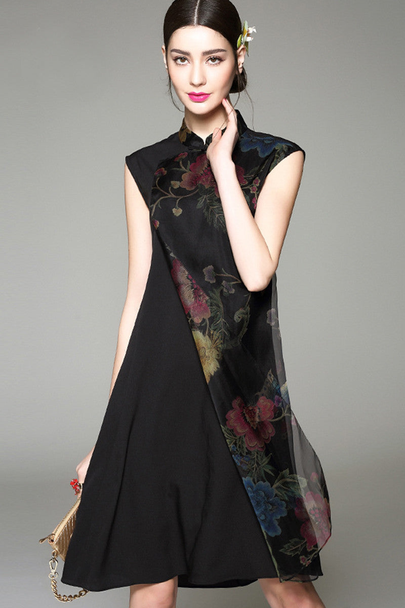 Floral Printed  Layer Black Cocktail Cheongsam