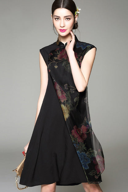 Floral Printed  Layer Black Cocktail Cheongsam