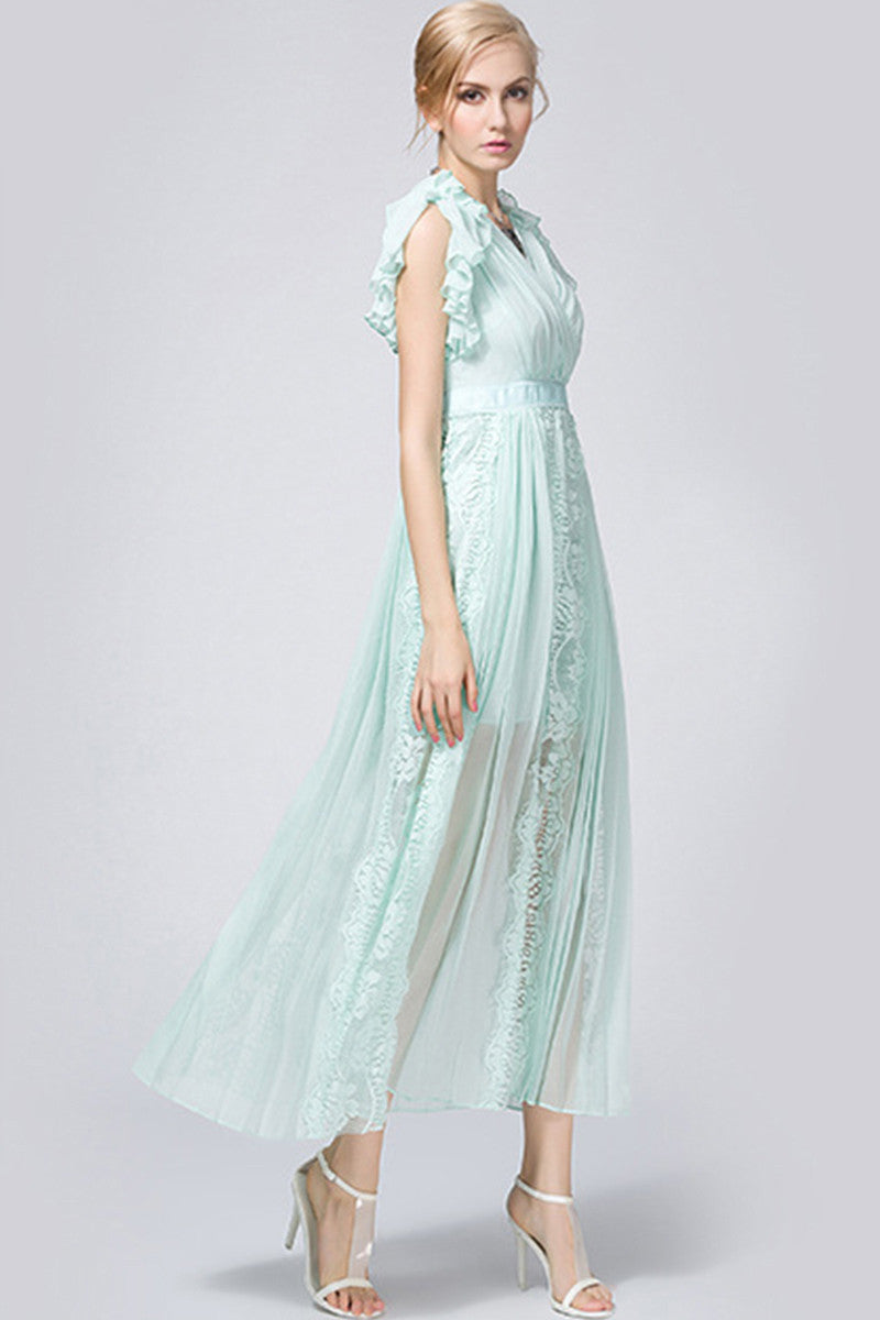 Multi Ruffle Sleeve Open Overlap Lace-inset Maxi Dress