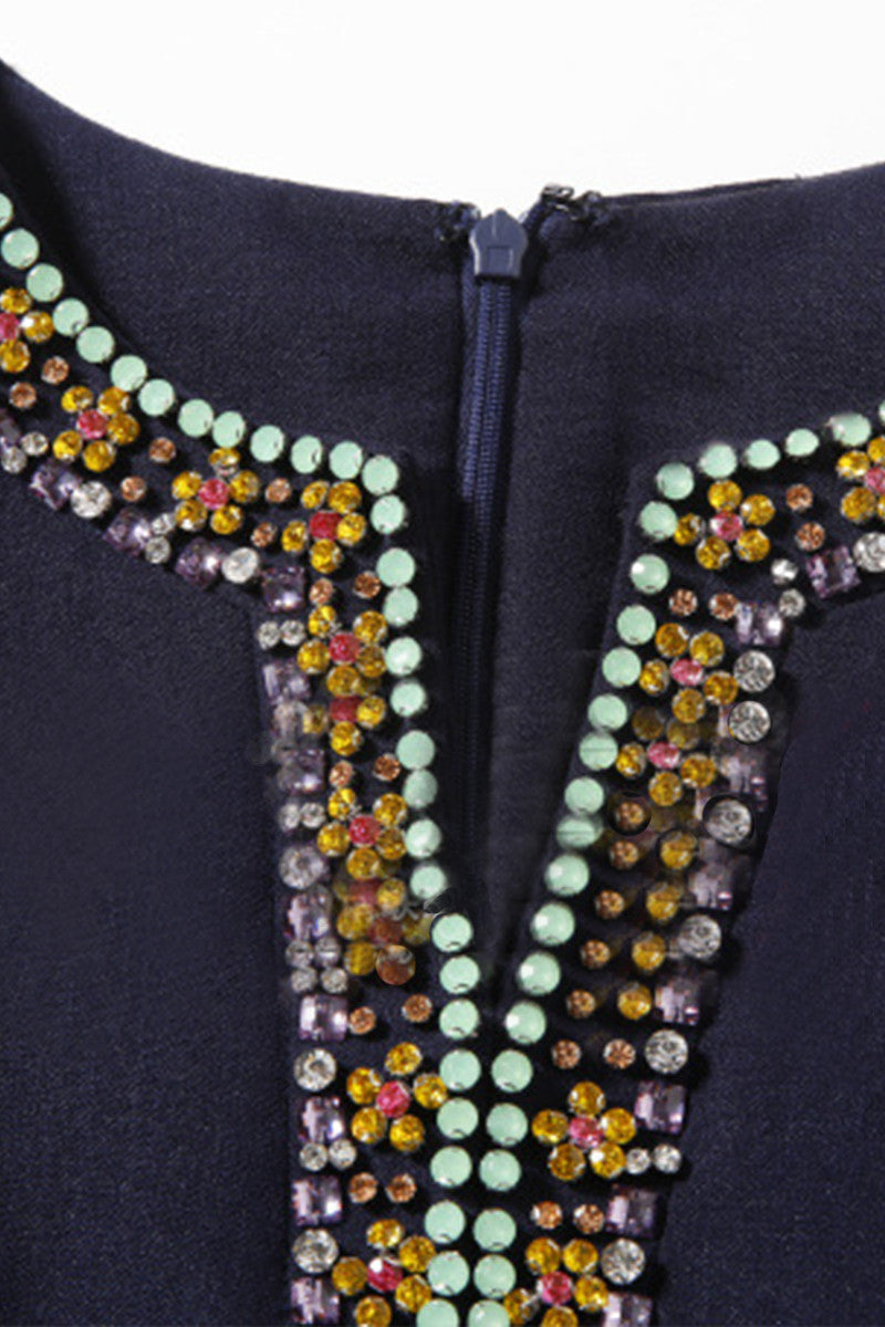 Slit Neck Beaded Applique Slim Dress