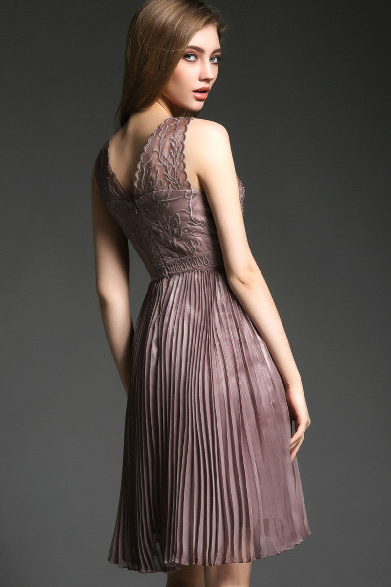 V-Neck Embroidered Mixed Bead Illusion Pleated Cocktail Dress