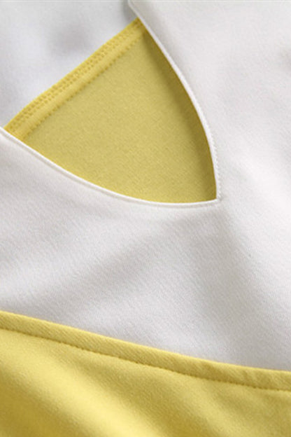 [30% OFF TILL 8 APR] Scoop V Neck Color Block Ruffle Hem Fish Tail Dress