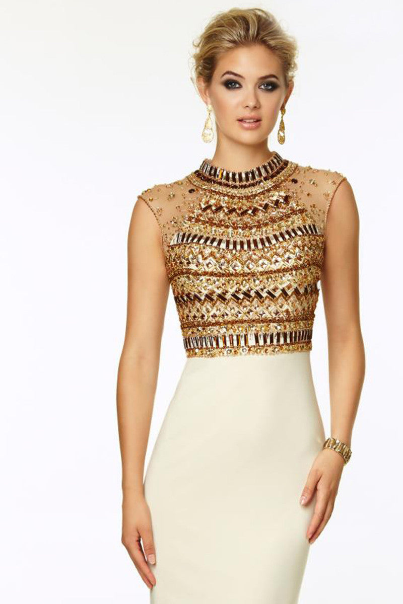 Mock Neck Acrylic Beaded Top Low Cut Back Waist Party Dress