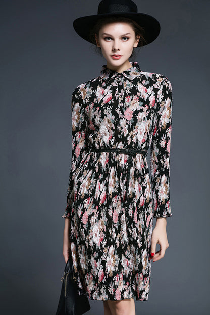Floral Printting Elegant Dress With Belt - NJOYDRESS - 1