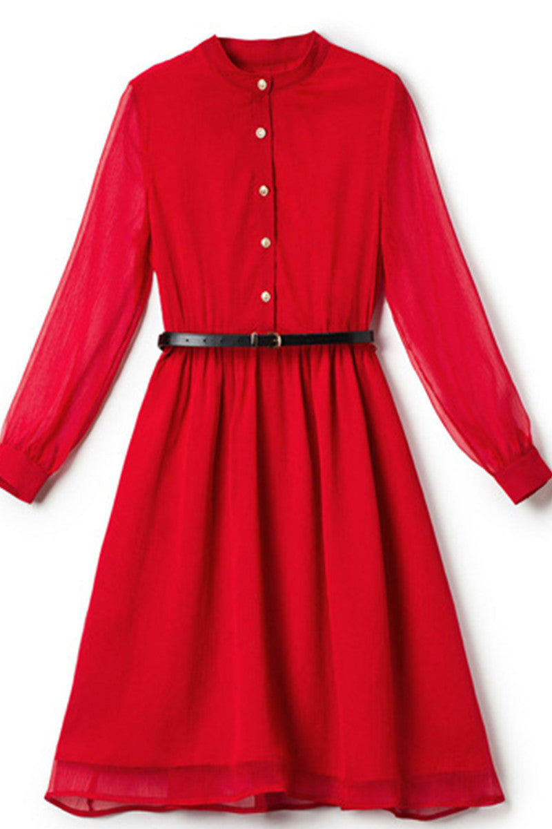 FORMAL STAND COLLAR CHIFFON LONG SLEEVE A-LINE DRESS