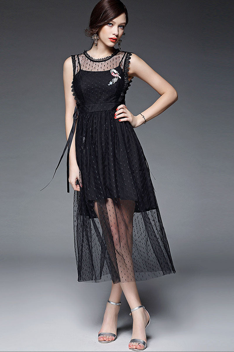 Round Collar Lace Hem Shirring Waist Sheer Mesh  Maxi Dress