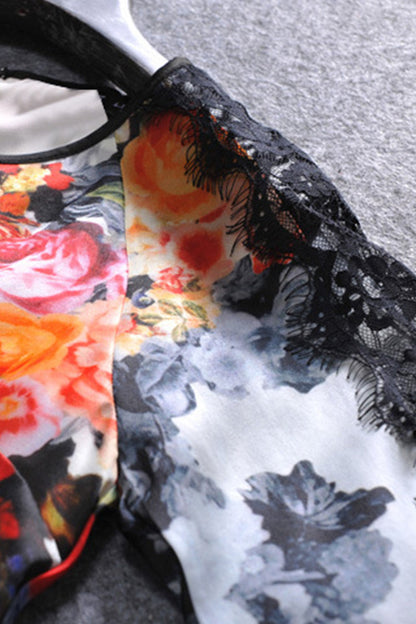 ound Collar Floral Print Lace Patch Blouse