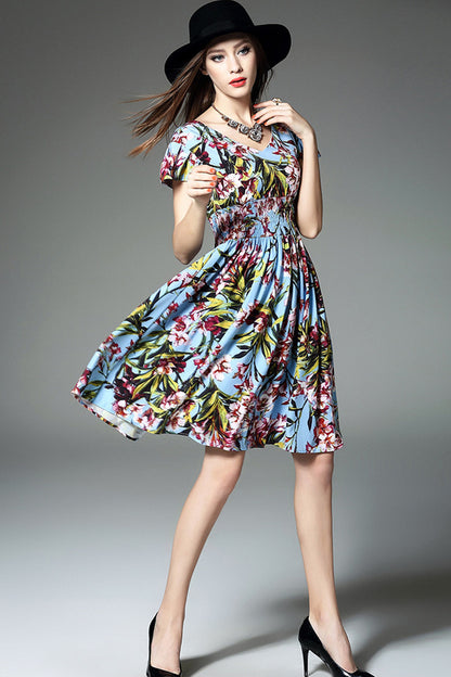 [30% OFF TILL 8 APR] V-Neck Flare Cap Sleeve Tiered Smoking Waist Band Floral Short Casual Dress