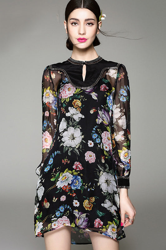 Beaded Rond Collar Drop Hole Full Floral Print Dress