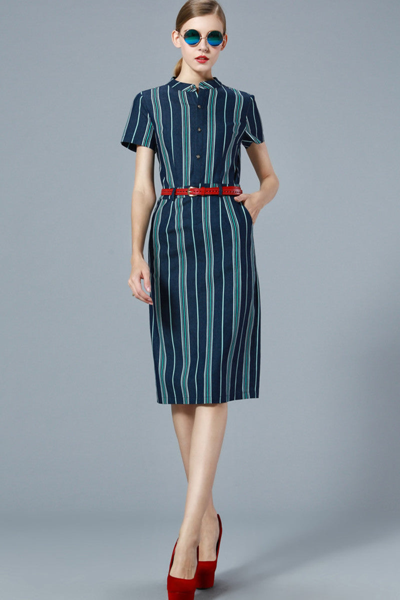 Multi Stripe Short Sleeve Small MockCollar Dress