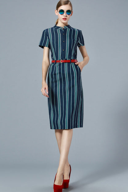 Multi Stripe Short Sleeve Small MockCollar Dress