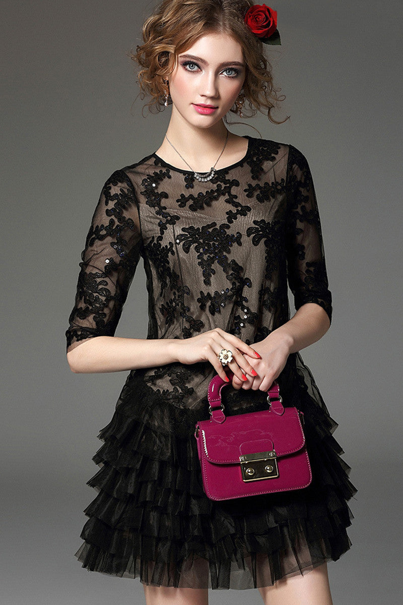 Sequin Lace Patch Multi-Layer Mini Dress