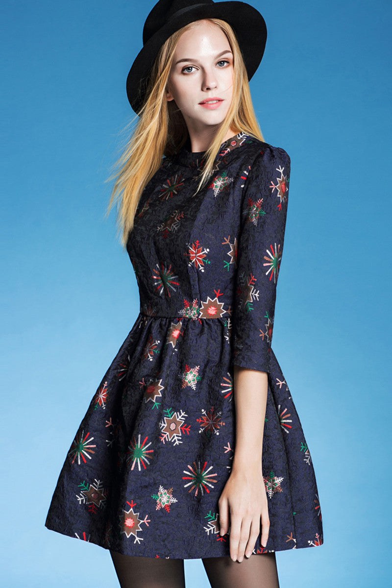 WOMEN'S ROUND NECK FLOWER PRINTING 3/4 SLEEVE A-LINE VOCATION DRESS