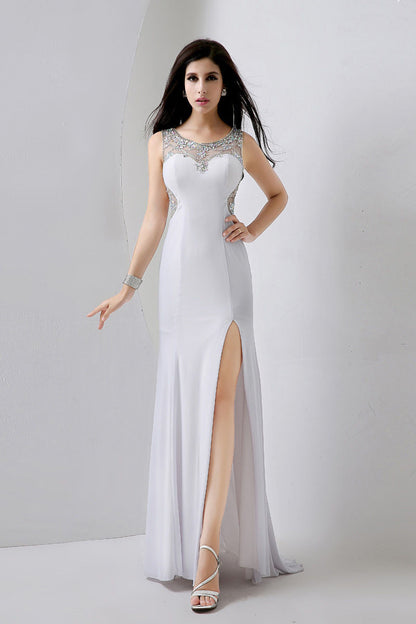 [30% OFF TILL 8 APR] Acrylic With Rhinestone Illusion Back High Slit Maxi Party Dress