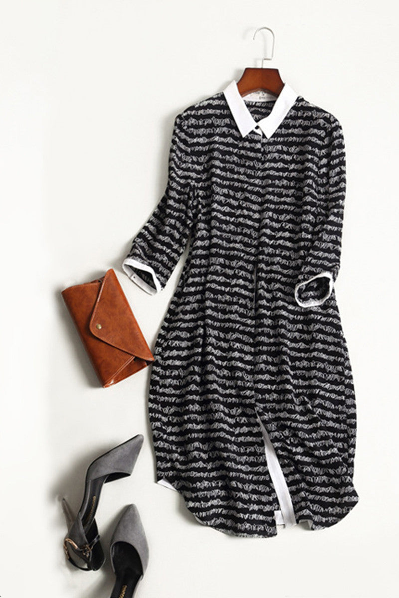 Lapel Neck 3/4 Sleeve Color block Stripe Pattern Midi Dress