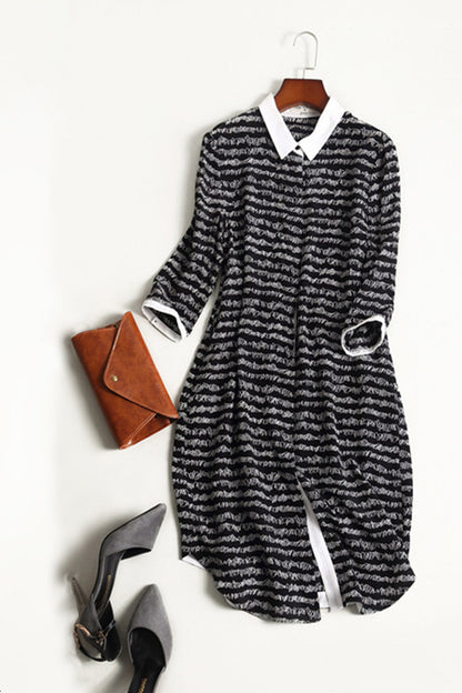 Lapel Neck 3/4 Sleeve Color block Stripe Pattern Midi Dress
