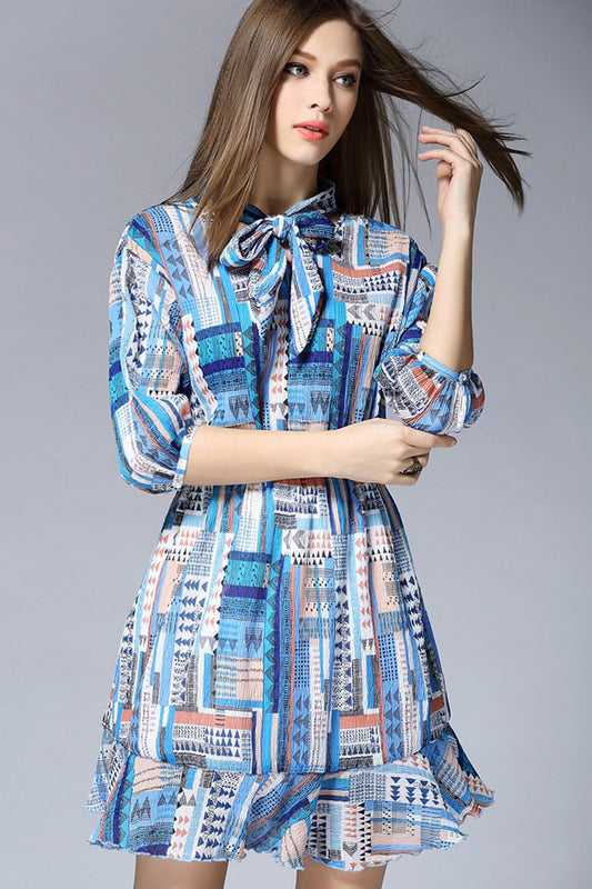 1/2 Sleeve Multi Printting Dress  With Bow Tie - NJOYDRESS - 1