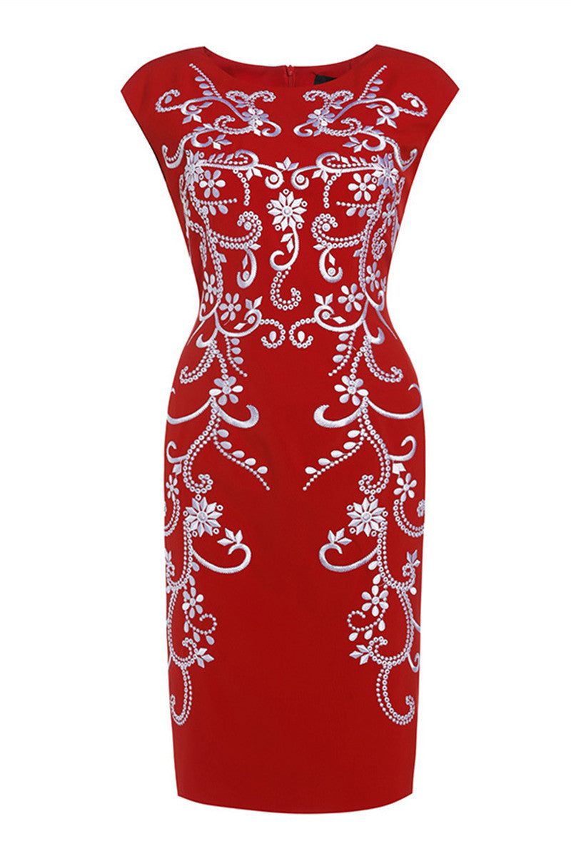 Round Collar Full Embroidery Pattern Slim Elegant Dress