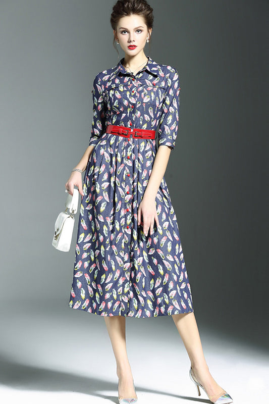 Lapel Slim Plum Printed Midi Casual Dress