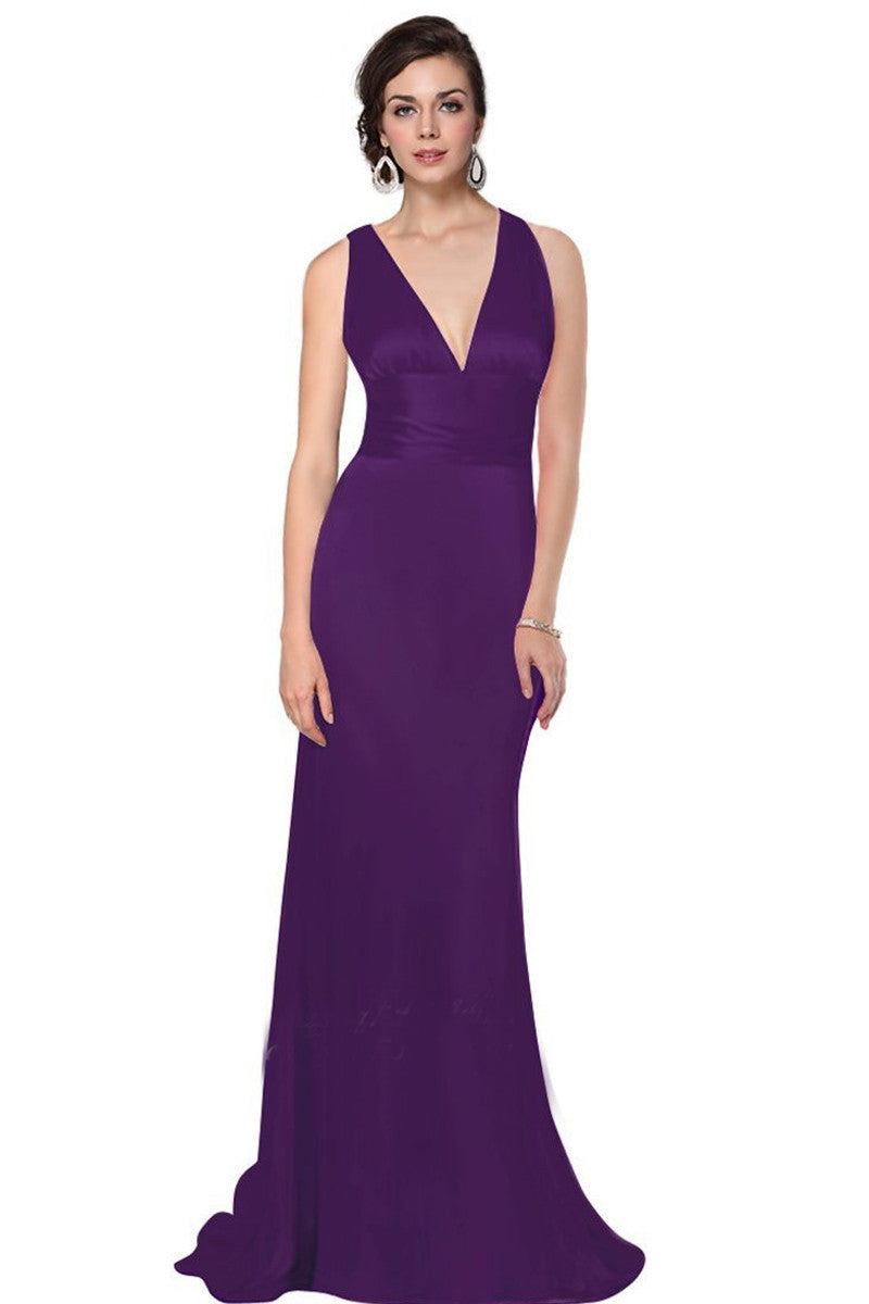Deep V Neck Empire Waist Slim Cross Back Slim Dress Gown