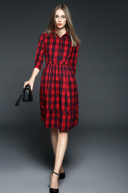 Lapel Neck Plaid Tunic Pleat Dress With Belt
