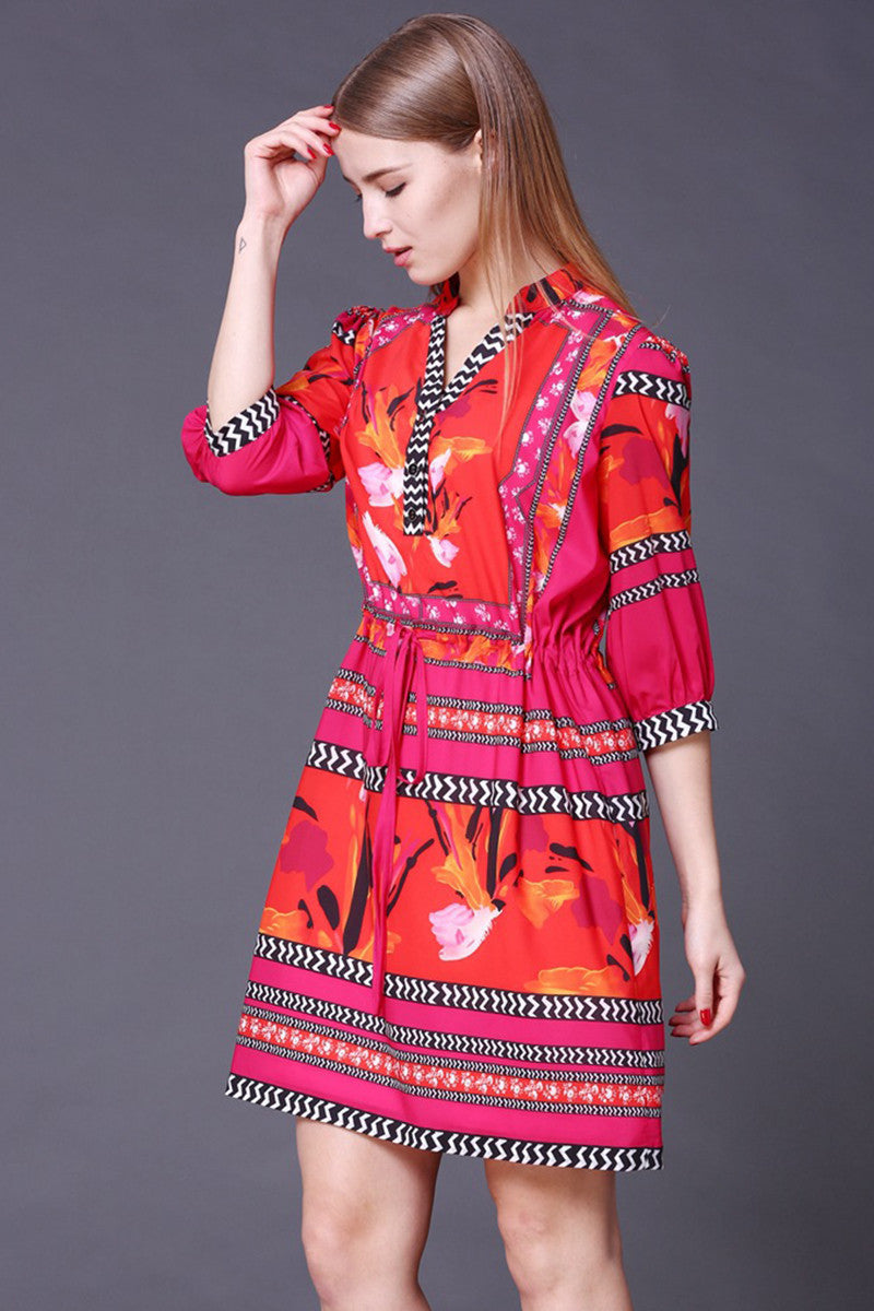 Tribal Pattern Blouse Short Dress With Draw Cord