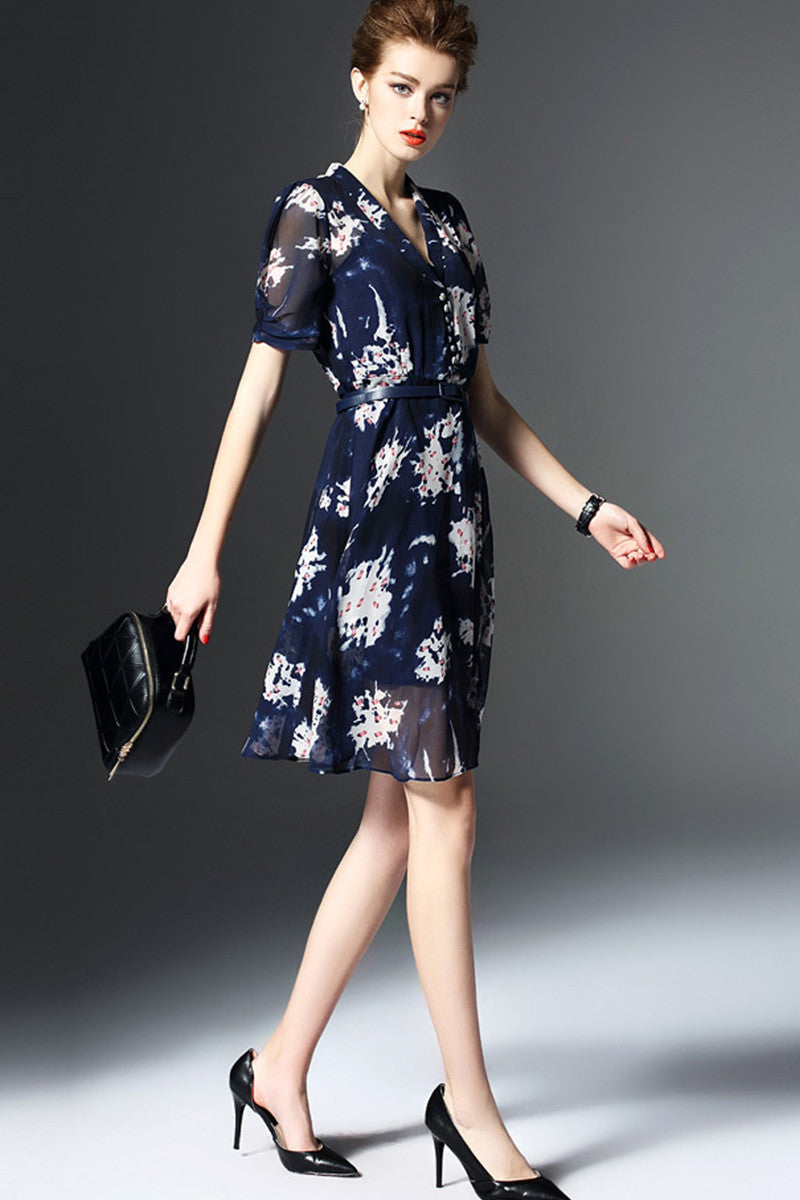 [30% OFF TILL 8 APR] V Neck Floral Pattern Print Sheer Top Chiffon Flare Dress