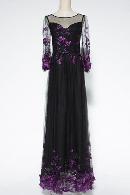 Embroidered With Rosette Illusion Long Cocktail Dress