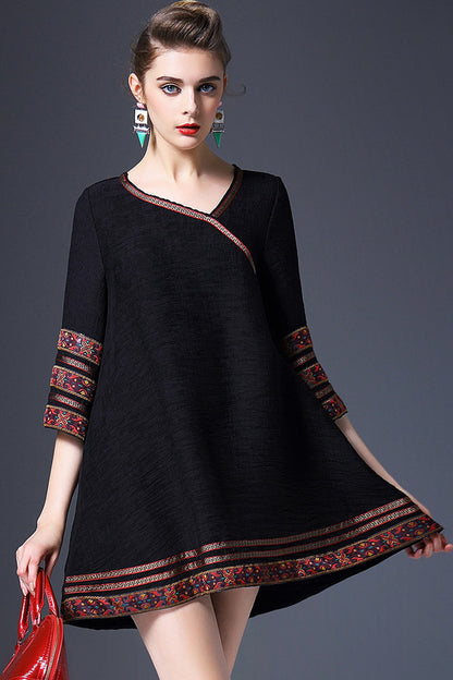 Long Flared Blouse With Tribal Ribbon Tape Decoration