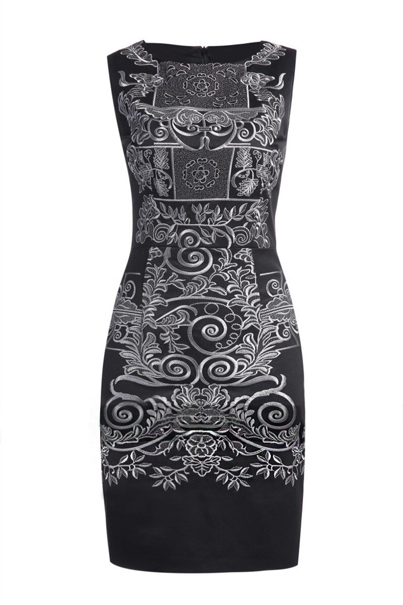 Round Collar Sleeveless Embroidery Pattern Slim Dress