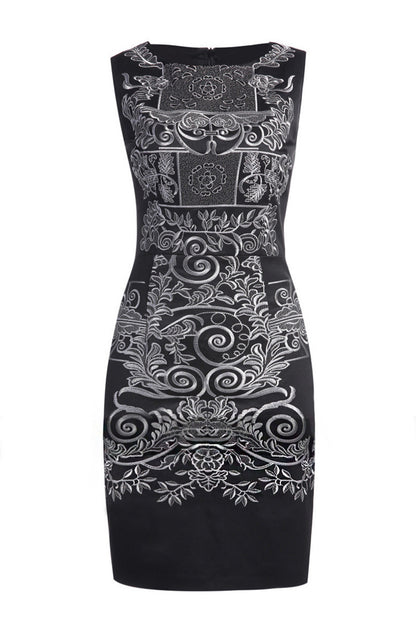 Round Collar Sleeveless Embroidery Pattern Slim Dress