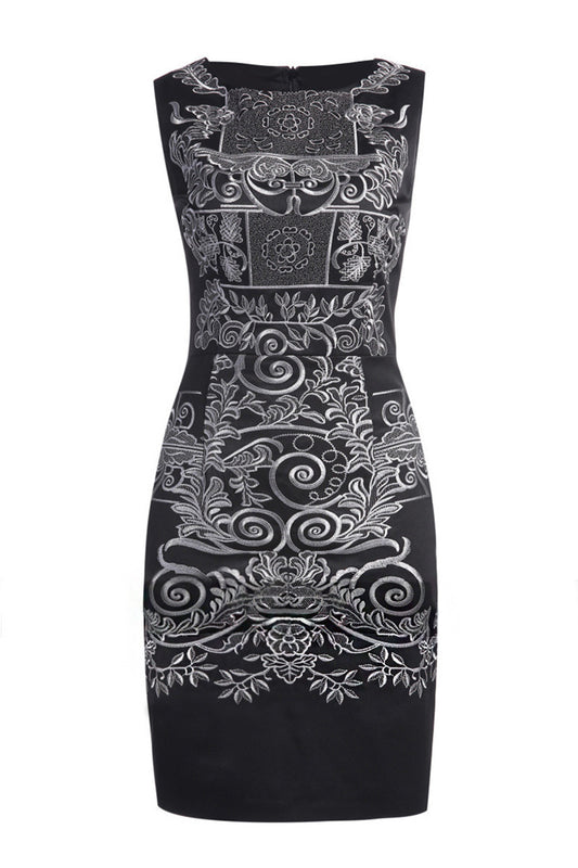 Round Collar Sleeveless Embroidery Pattern Slim Dress