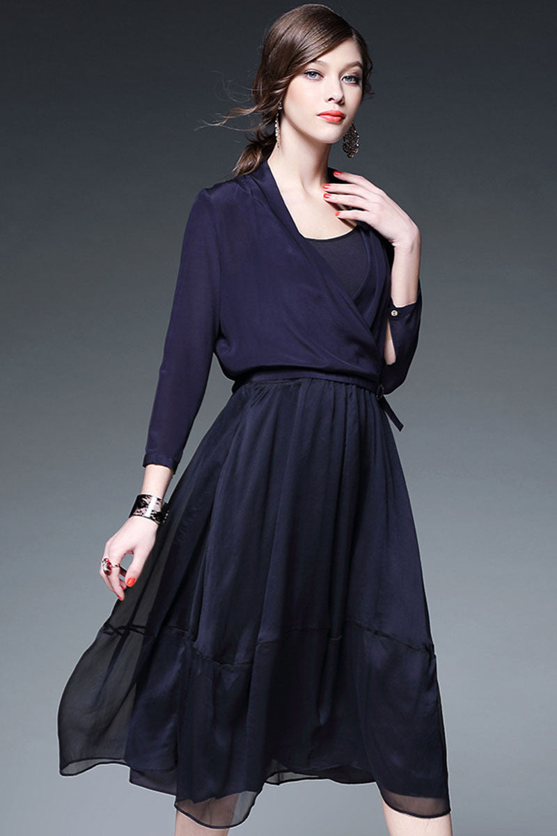 Irregular Neck Shirring Waist Swing Dress - NJOYDRESS - 4