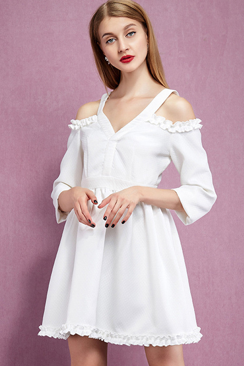 [30% OFF TILL 8 APR] Elegant V Neck Irregularity Hollow-Out Sleeve Patched Mini Dress