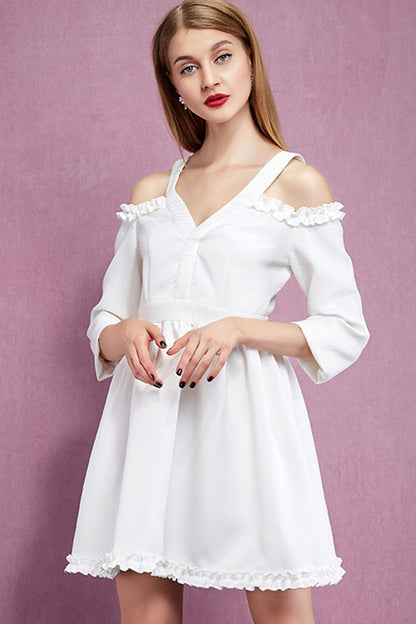 [30% OFF TILL 8 APR] Elegant V Neck Irregularity Hollow-Out Sleeve Patched Mini Dress
