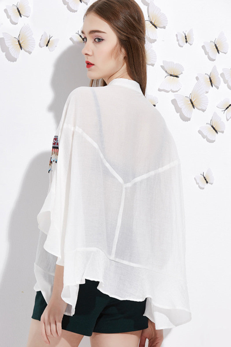 Vintage Rural Stand Collar Loose Embroider Irrgegularity Top